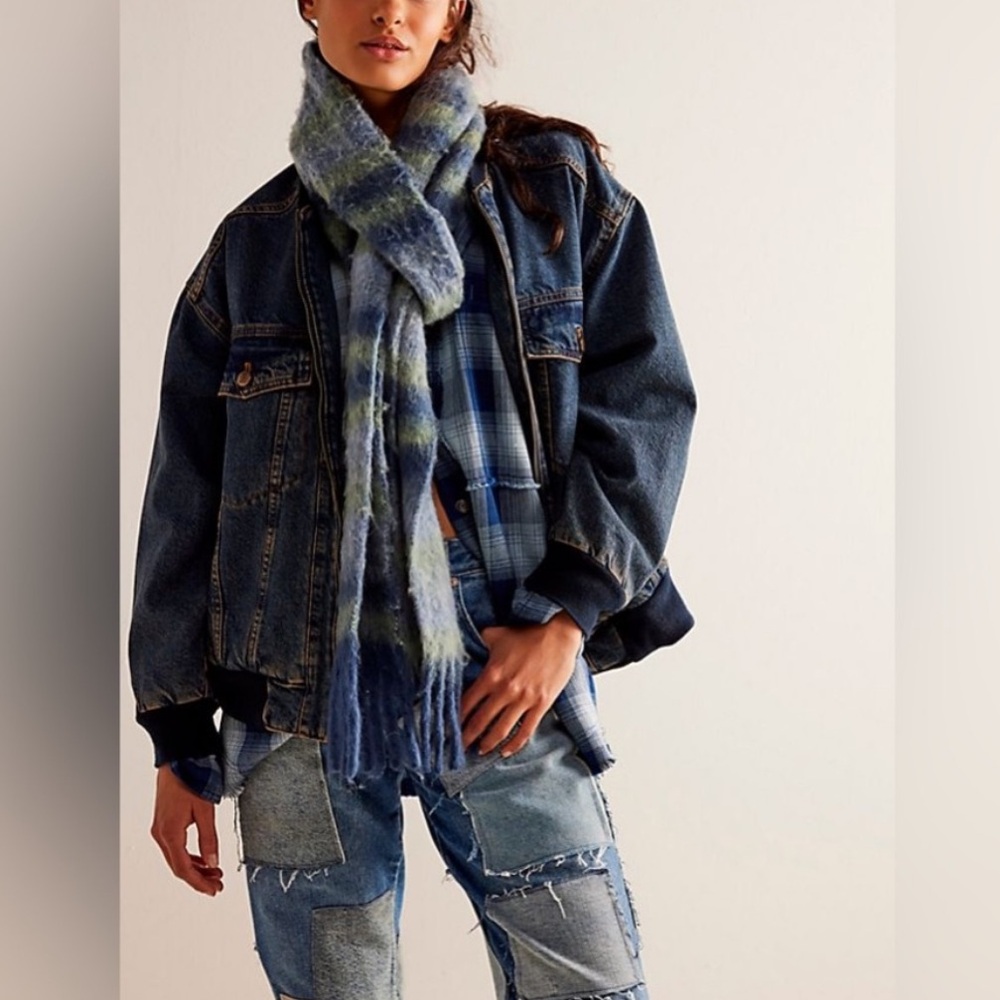 Free People We The Free Stadium Style Retro Blue Denim Jean Jacket Coat